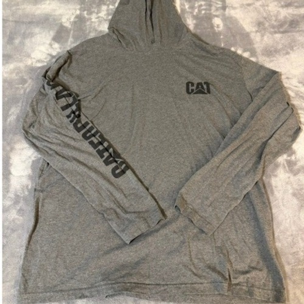 Caterpillar Mens Gray Long Sleeve Hooded T-Shirt CAT Logo Graphic Tee 2XL 5261